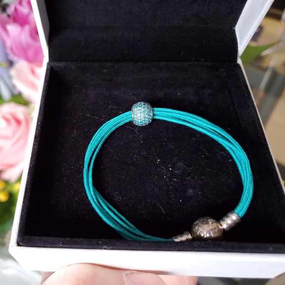 Authentic Pandora Teal Pave Lights Charm and Teal Multi-Strand Bracelet - Picture 4 of 4